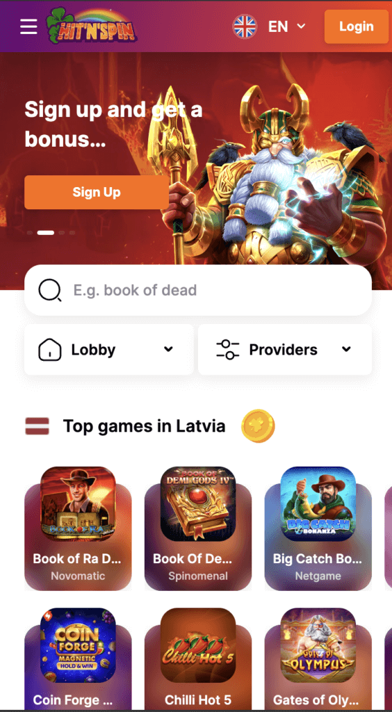 HitnSpin kazino mobilajā lietotnē