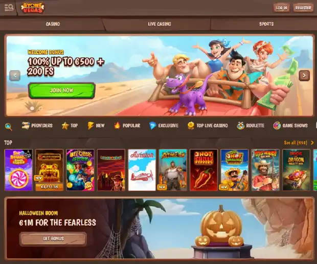 Stone Vegas kazino lobijs oriģinali atveido Flinstone alu cilvēku stilā