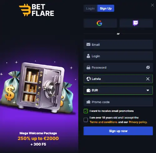 Reģistrācija Betflare kazino aizņem vien pāris minūtes un ir veicama arī ar Google vai Twitch konta starpniecību
