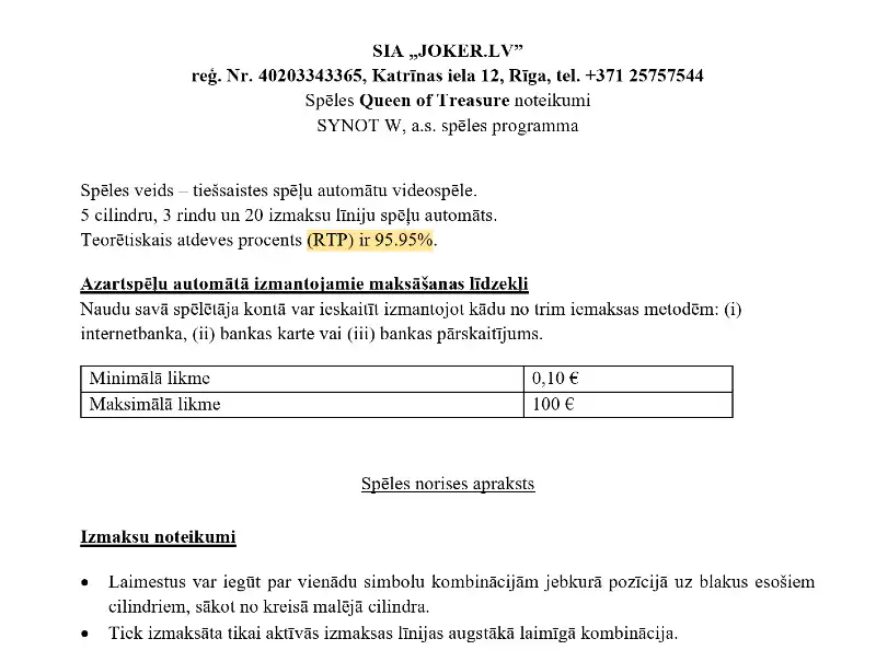 Kazino spēļu noteikumu piemērs IAUI